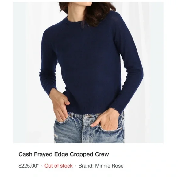 Minnie Rose Cashmere Frayed Edge Cropped Crew Neck Sweater Navy Blue Sz Small - Picture 6 of 6